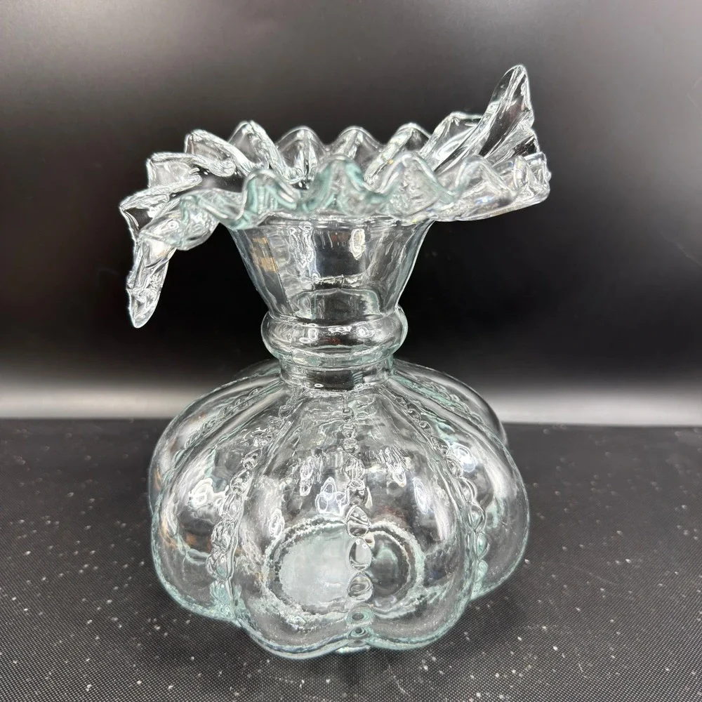 Clear Glass Ruffled Vase Hobnail Lobed Pumpkin‎ Base Heavy 8 Inch Vessel VTG